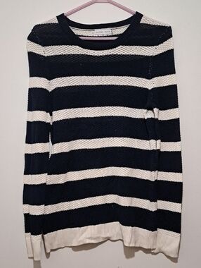 ALFRED SUNG Navy and White Striped Crew Neck Sweater 100% Cotton